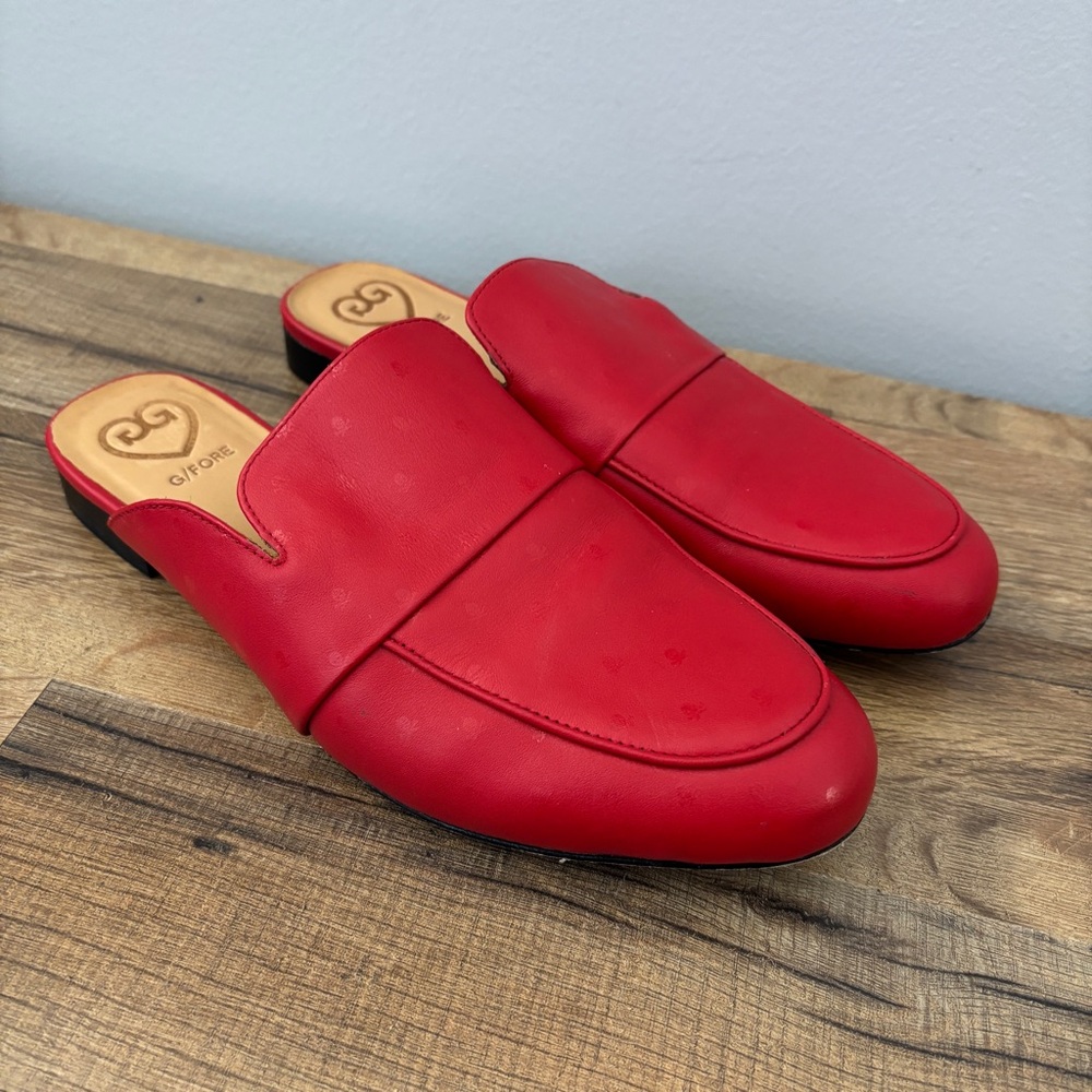 G/Fore Killer T Mule Slip On Leather Dress Flats Cherry Red Skull Cross Bones